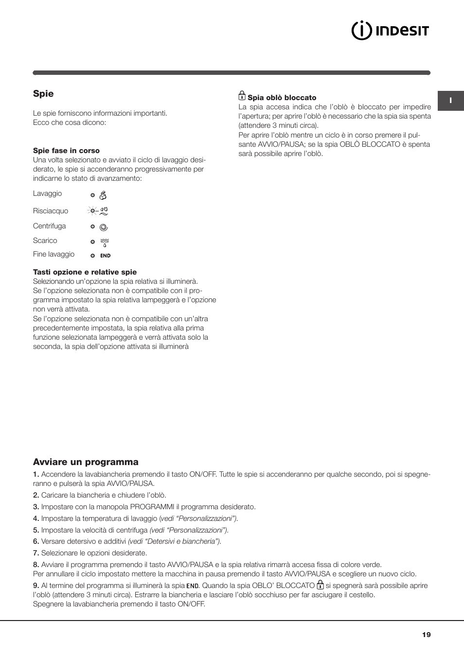 Spie, Avviare un programma | Indesit IWSD-71051-C-ECO-EU User Manual | Page 19 / 72