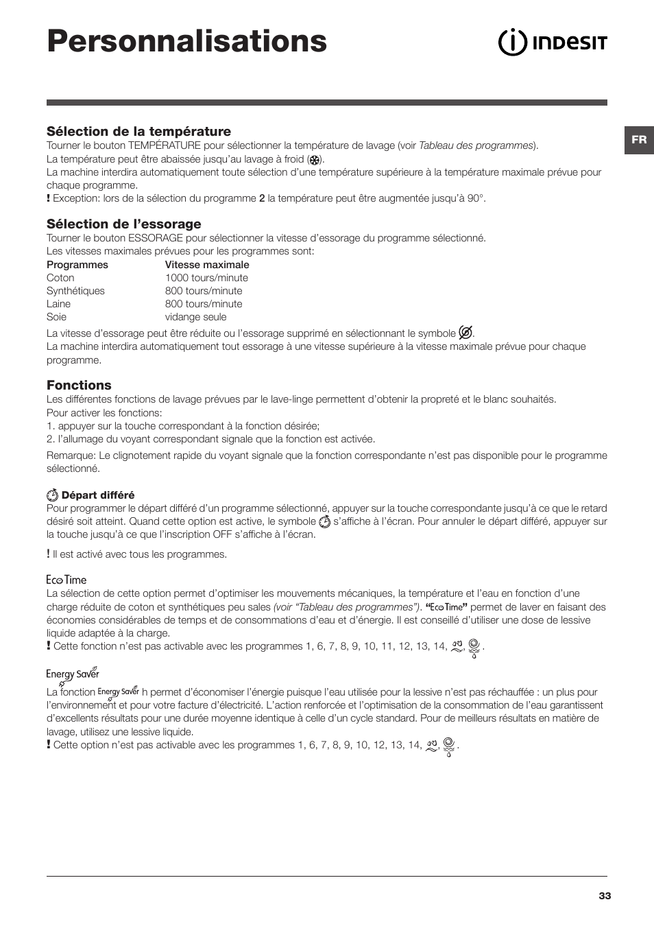 Personnalisations | Indesit IWSD-71051-C-ECO-EU User Manual | Page 33 / 72