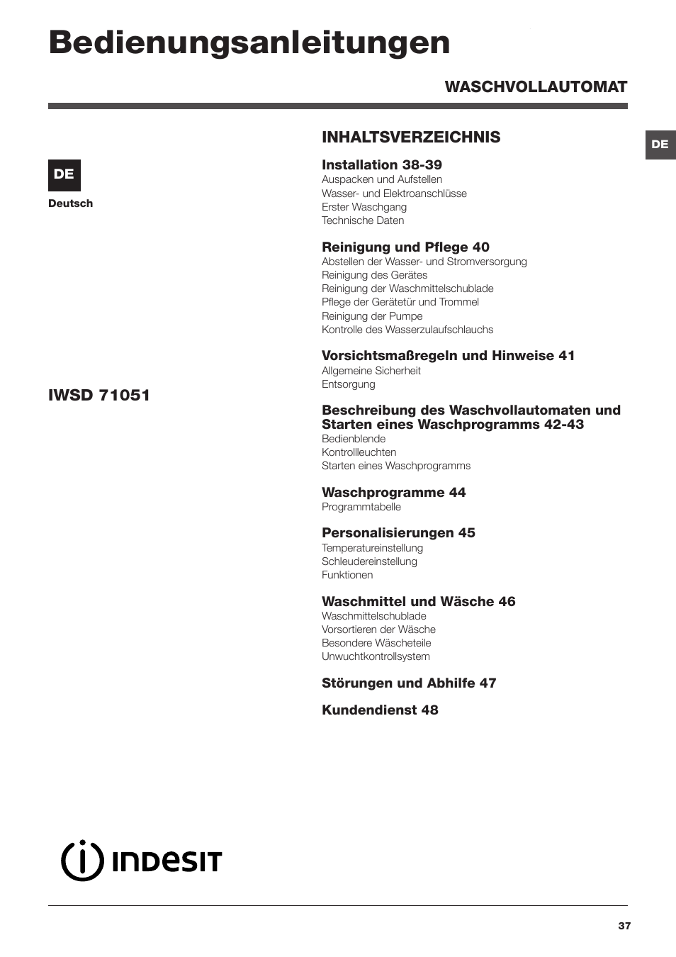 Bedienungsanleitungen | Indesit IWSD-71051-C-ECO-EU User Manual | Page 37 / 72