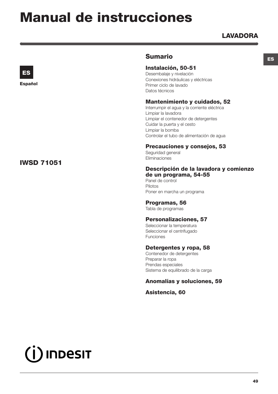 Manual de instrucciones | Indesit IWSD-71051-C-ECO-EU User Manual | Page 49 / 72