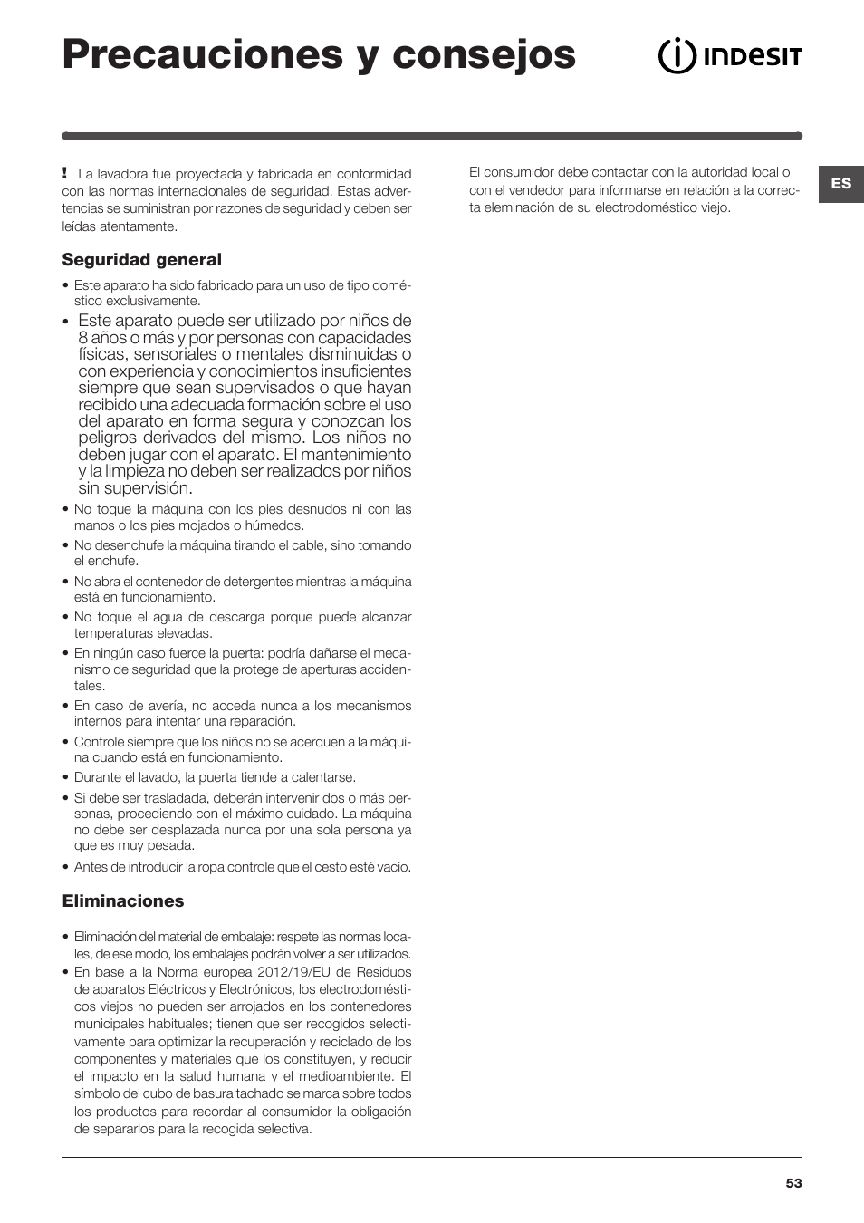 Precauciones y consejos | Indesit IWSD-71051-C-ECO-EU User Manual | Page 53 / 72