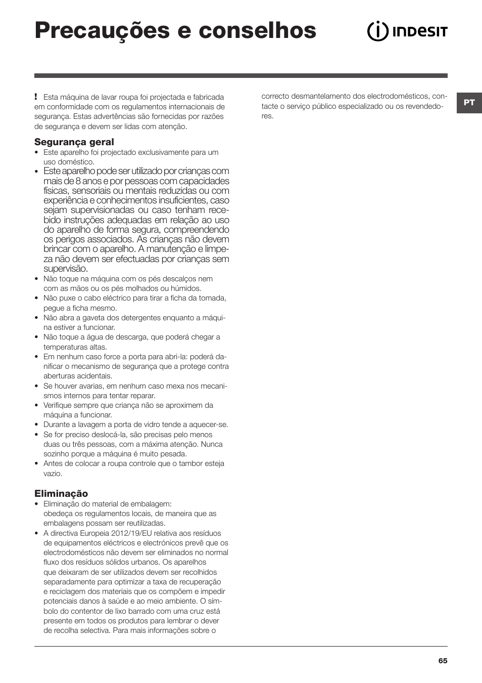 Precauções e conselhos | Indesit IWSD-71051-C-ECO-EU User Manual | Page 65 / 72