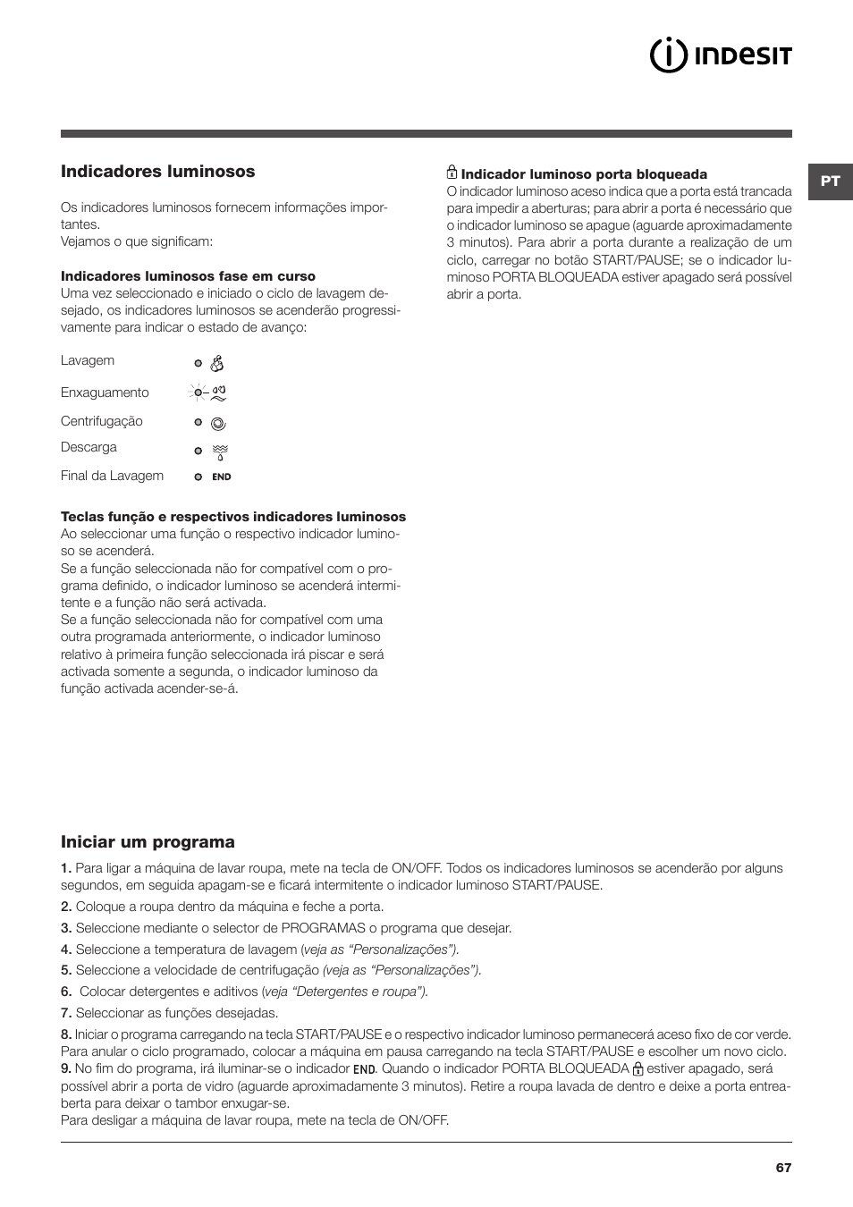 Indicadores luminosos, Iniciar um programa | Indesit IWSD-71051-C-ECO-EU User Manual | Page 67 / 72