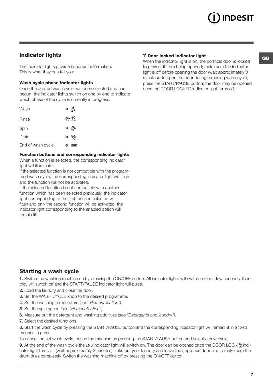 Indicator lights, Starting a wash cycle | Indesit IWSD-71051-C-ECO-EU User Manual | Page 7 / 72