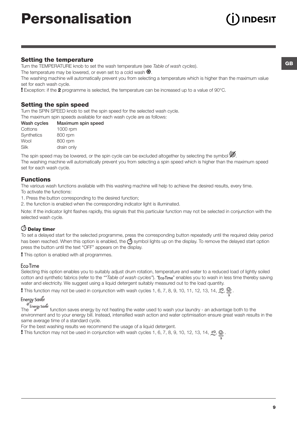 Personalisation | Indesit IWSD-71051-C-ECO-EU User Manual | Page 9 / 72