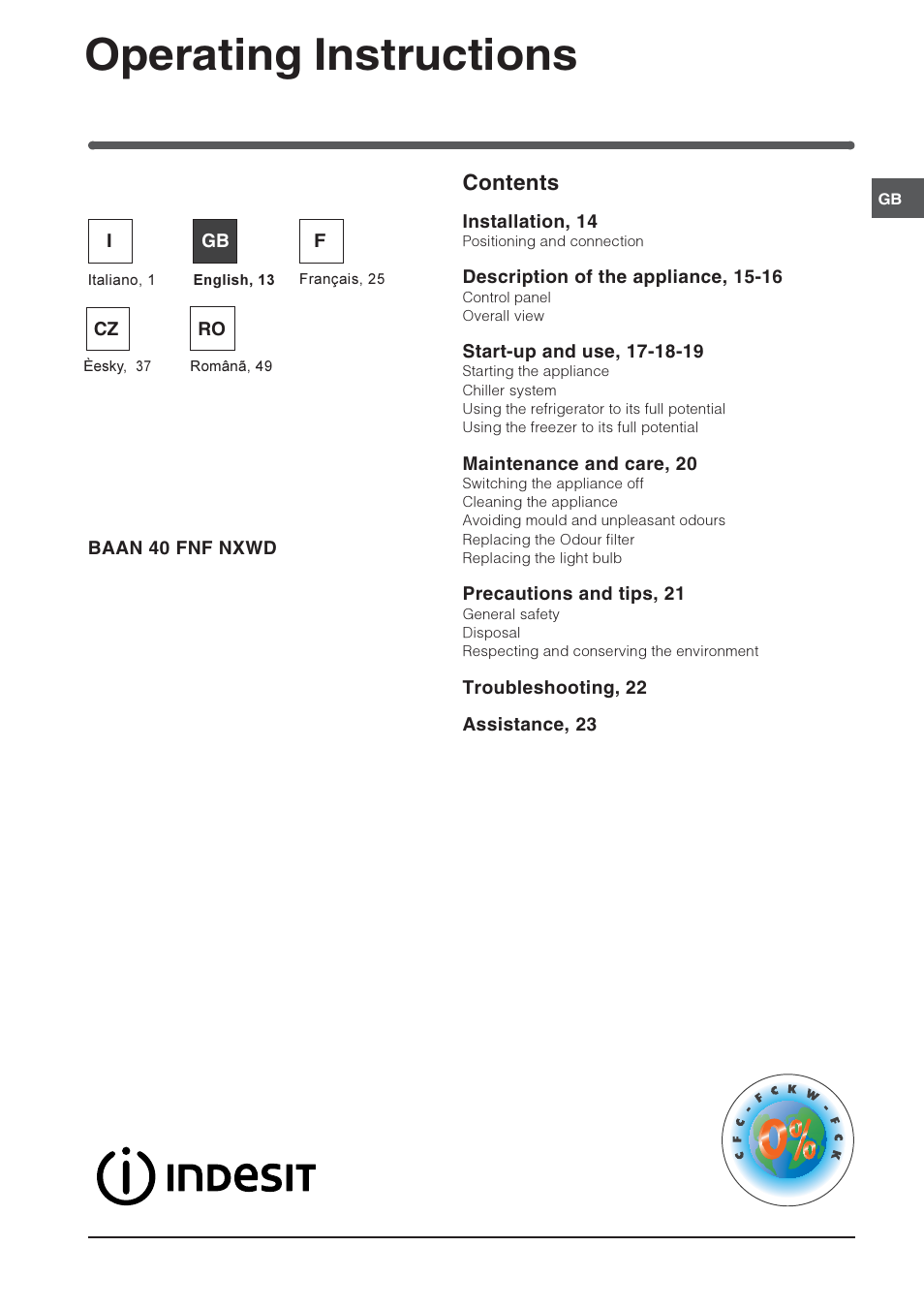 Operating instructions, Refrigerator/freezer combination contents | Indesit BAAN 40 FNF NXWD User Manual | Page 13 / 60