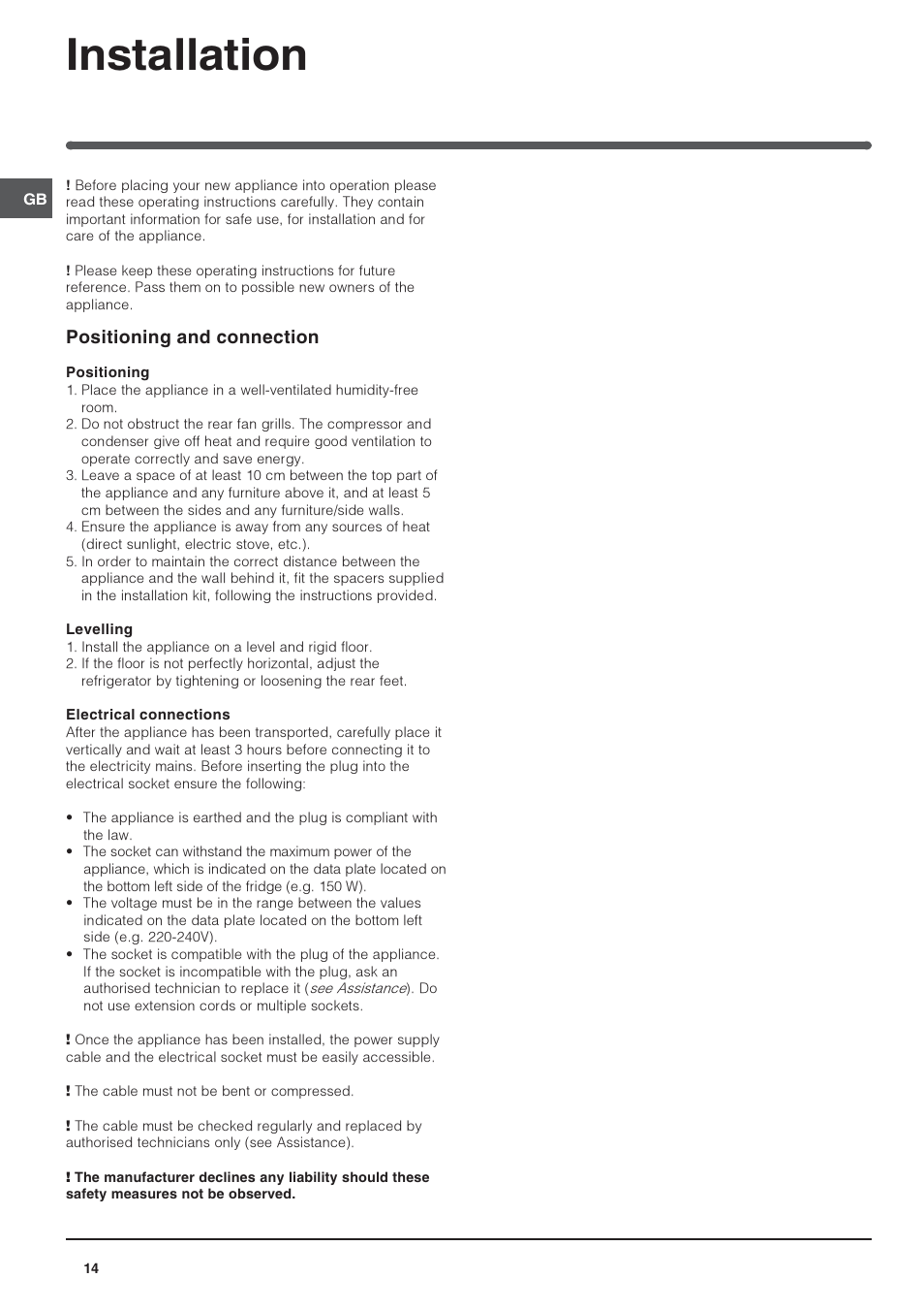 Installation, Positioning and connection | Indesit BAAN 40 FNF NXWD User Manual | Page 14 / 60