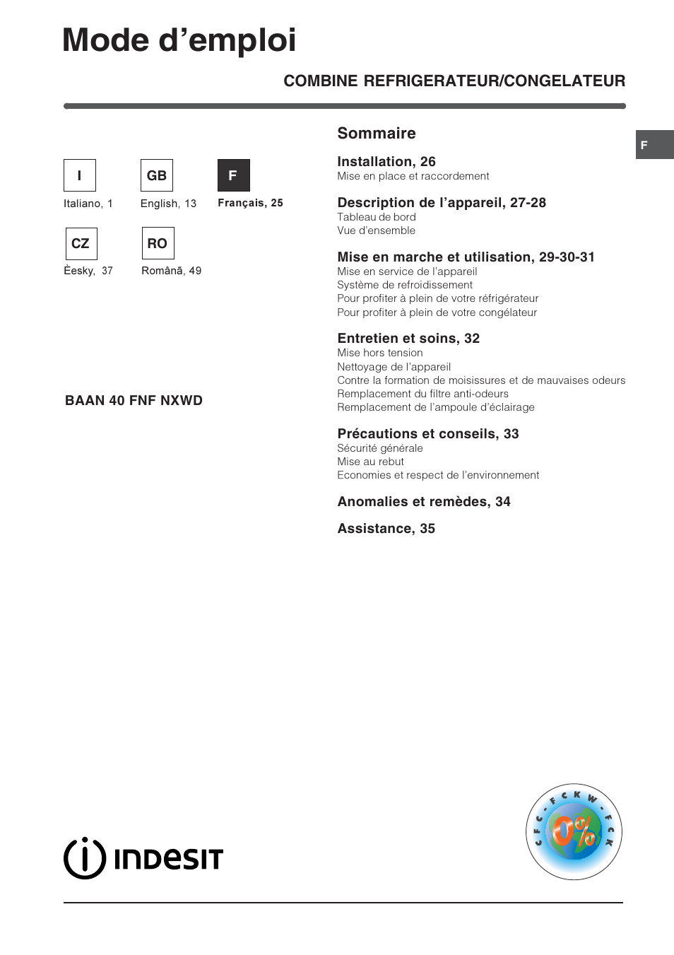 Mode demploi, Combine refrigerateur/congelateur sommaire | Indesit BAAN 40 FNF NXWD User Manual | Page 25 / 60