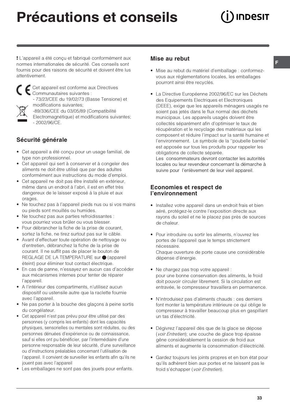 Précautions et conseils, Sécurité générale, Mise au rebut | Economies et respect de lenvironnement | Indesit BAAN 40 FNF NXWD User Manual | Page 33 / 60