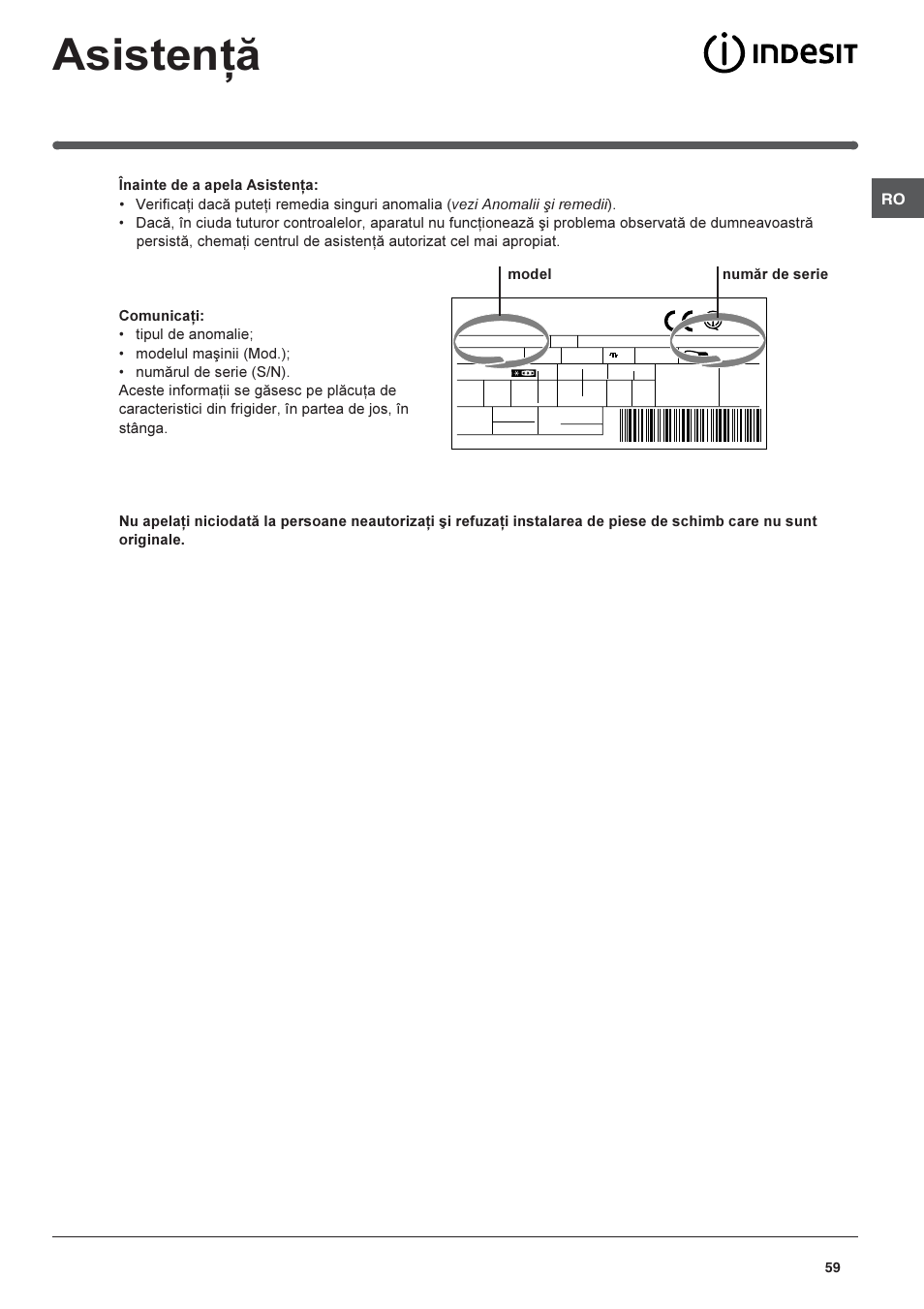 Asistenþã, Model numãr de serie | Indesit BAAN 40 FNF NXWD User Manual | Page 59 / 60