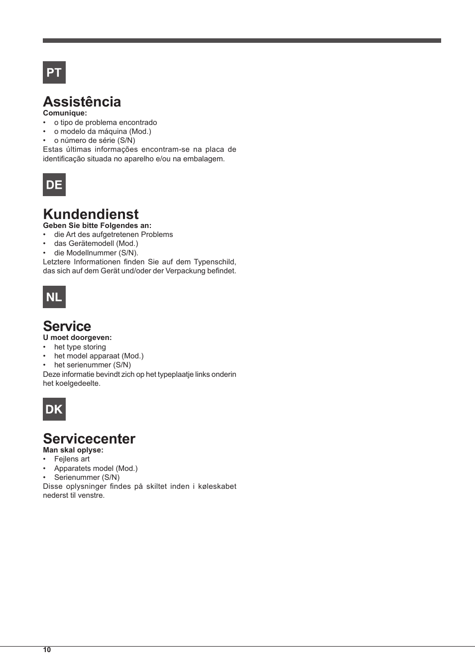 Assistência, Kundendienst, Service | Servicecenter | Indesit PIM-750-AS-(IX) User Manual | Page 10 / 76