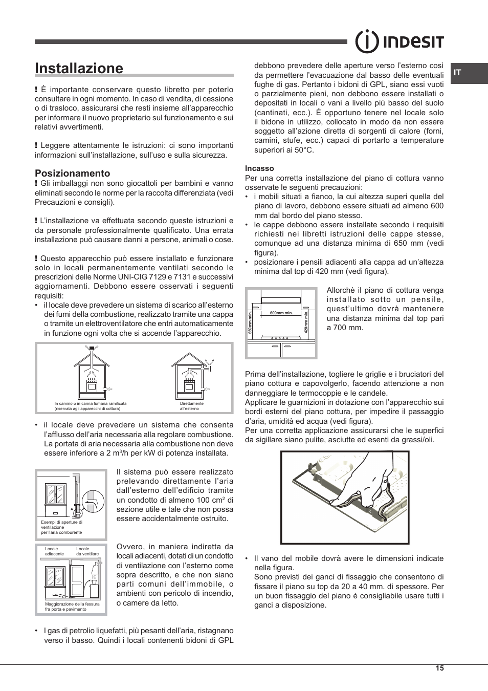 Installazione, Posizionamento | Indesit PIM-750-AS-(IX) User Manual | Page 15 / 76