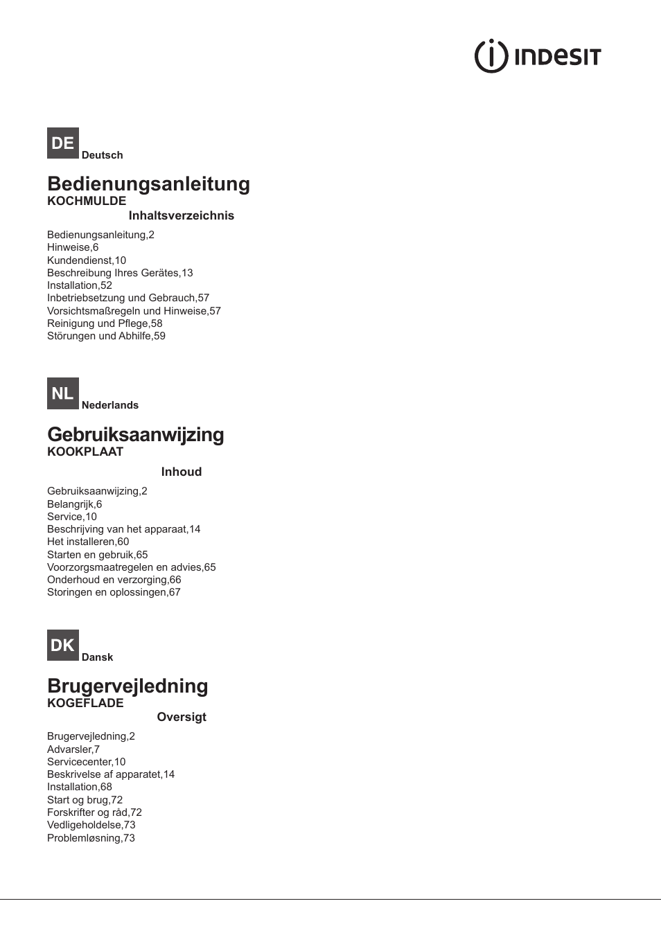 Bedienungsanleitung, Gebruiksaanwijzing, Brugervejledning | Indesit PIM-750-AS-(IX) User Manual | Page 2 / 76