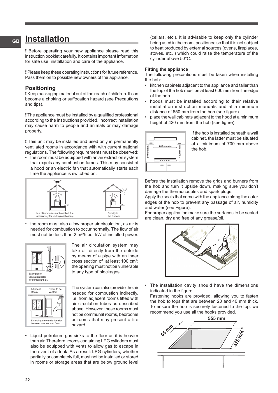 Installation, Positioning | Indesit PIM-750-AS-(IX) User Manual | Page 22 / 76