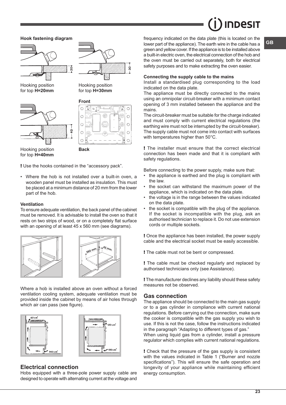 Electrical connection, Gas connection | Indesit PIM-750-AS-(IX) User Manual | Page 23 / 76
