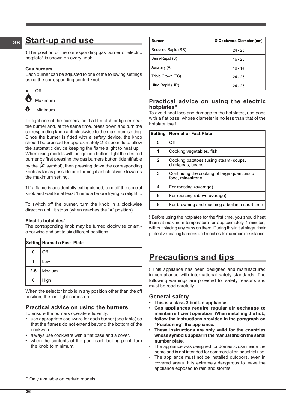 Start-up and use, Precautions and tips, Practical advice on using the burners | Practical advice on using the electric hotplates, General safety | Indesit PIM-750-AS-(IX) User Manual | Page 26 / 76
