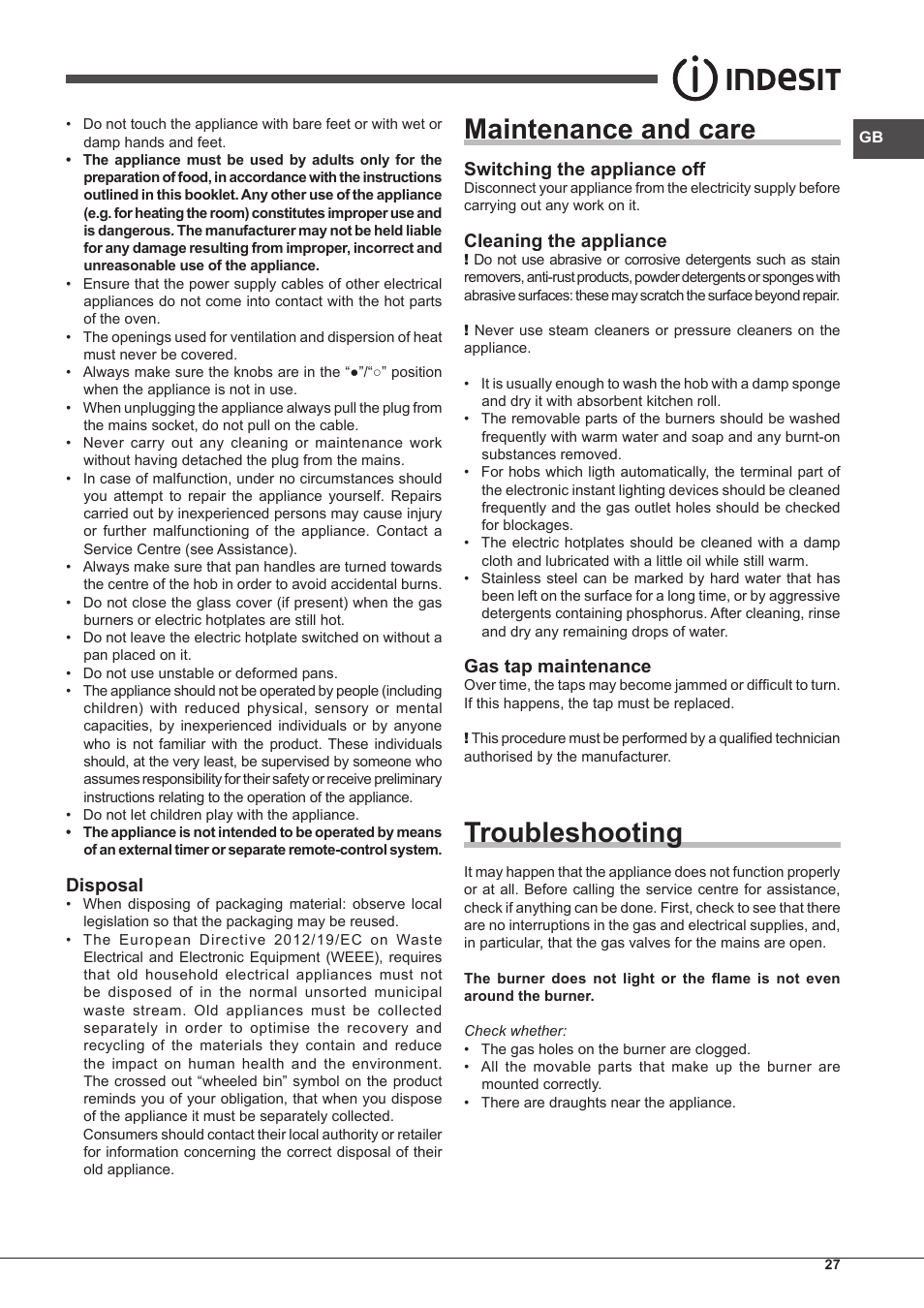 Maintenance and care, Troubleshooting, Disposal | Switching the appliance off, Cleaning the appliance, Gas tap maintenance | Indesit PIM-750-AS-(IX) User Manual | Page 27 / 76