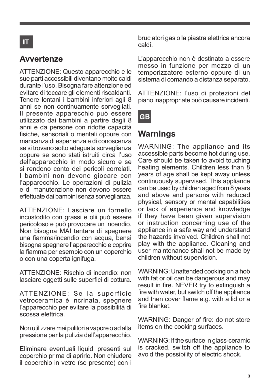 Avvertenze, Warnings | Indesit PIM-750-AS-(IX) User Manual | Page 3 / 76