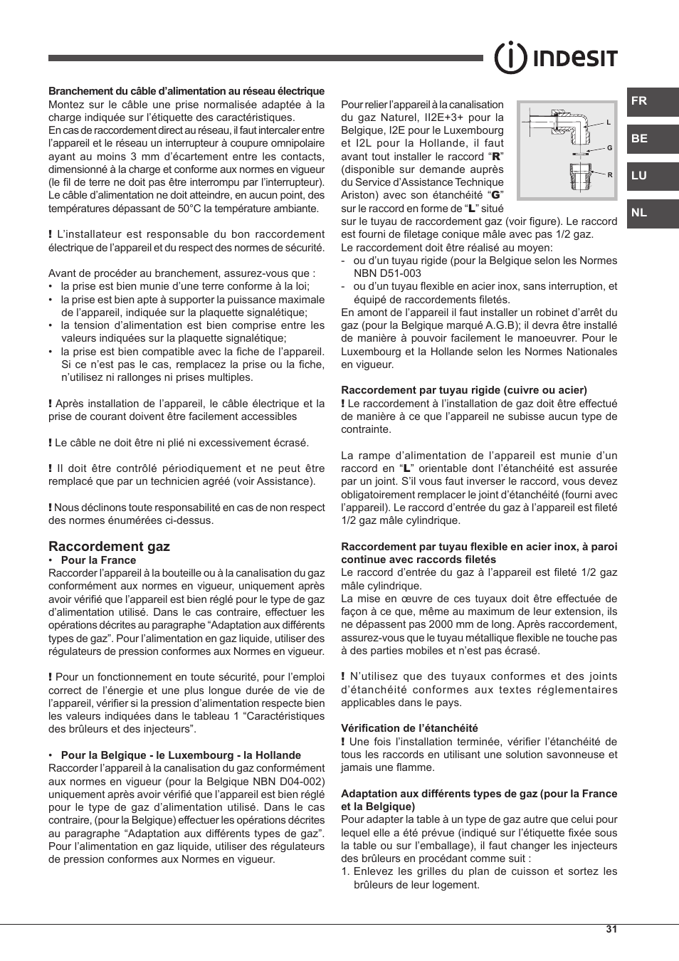 Raccordement gaz | Indesit PIM-750-AS-(IX) User Manual | Page 31 / 76