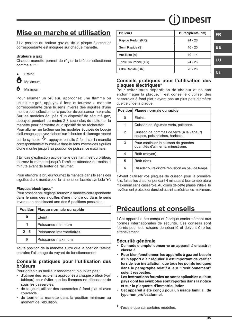 Mise en marche et utilisation, Précautions et conseils, Conseils pratiques pour l’utilisation des brûleurs | Sécurité générale | Indesit PIM-750-AS-(IX) User Manual | Page 35 / 76
