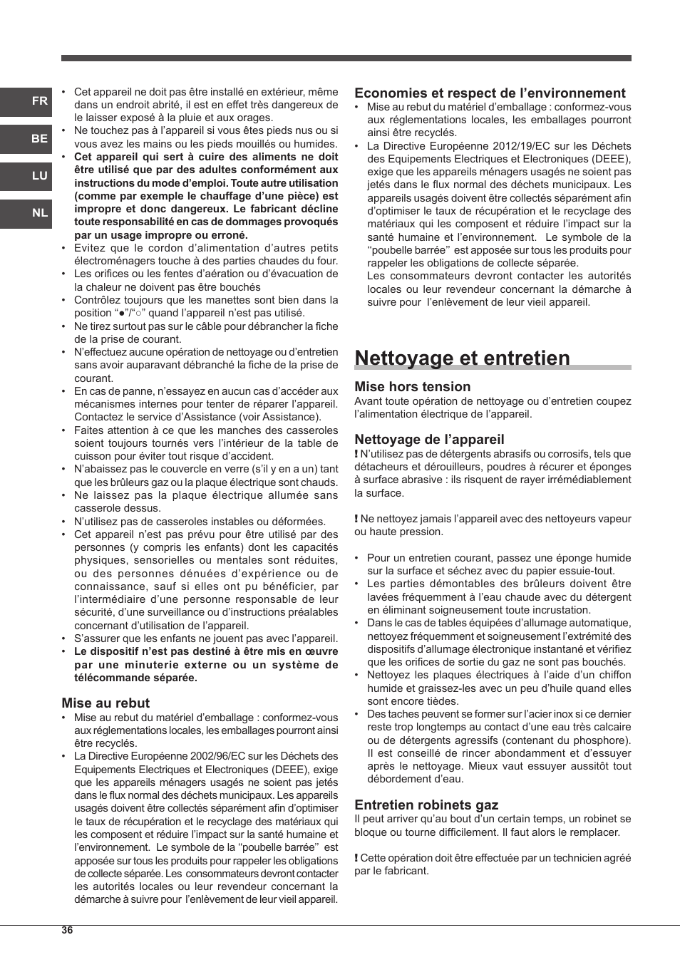 Nettoyage et entretien, Mise au rebut, Economies et respect de l’environnement | Mise hors tension, Nettoyage de l’appareil, Entretien robinets gaz | Indesit PIM-750-AS-(IX) User Manual | Page 36 / 76