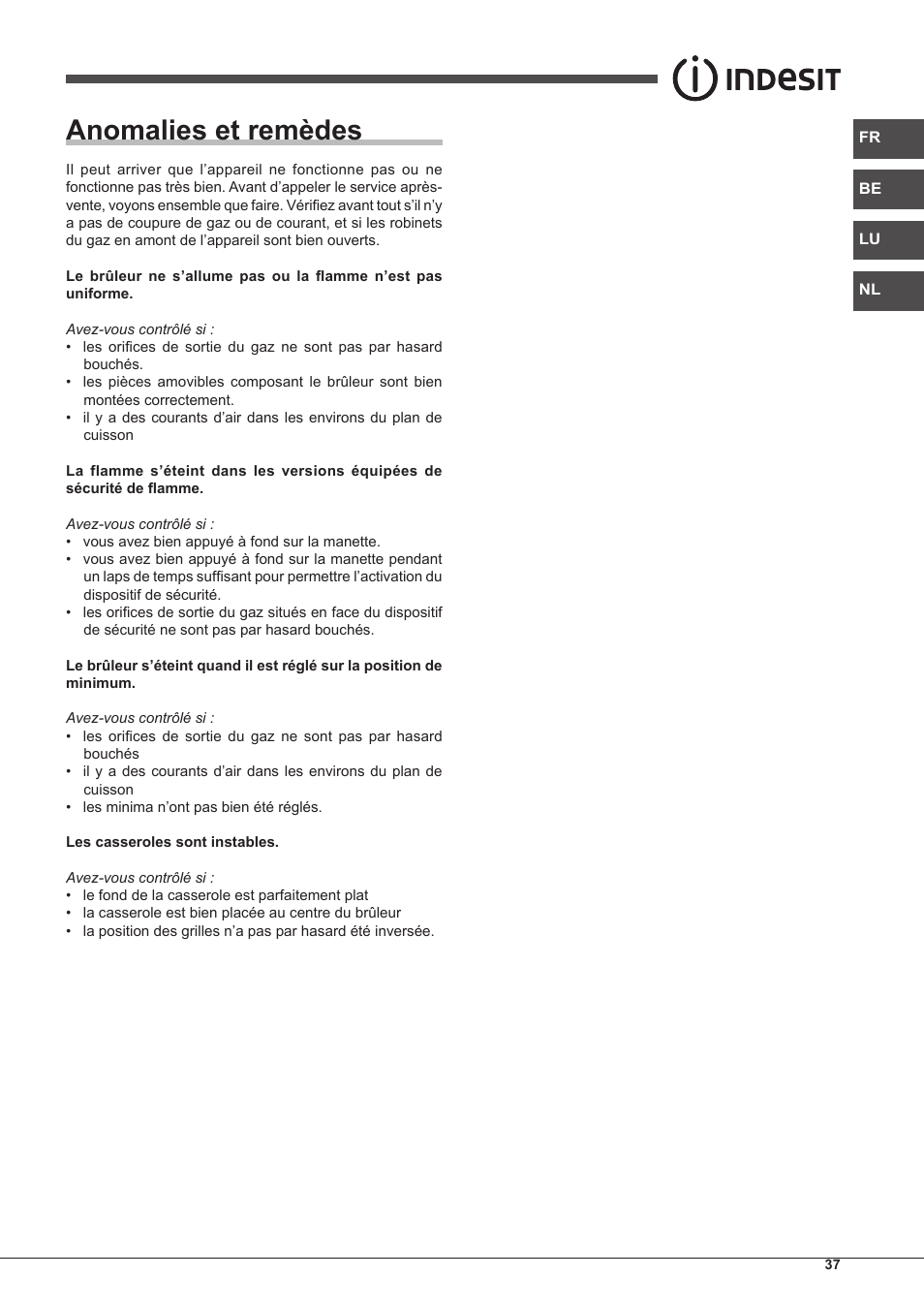 Anomalies et remèdes | Indesit PIM-750-AS-(IX) User Manual | Page 37 / 76