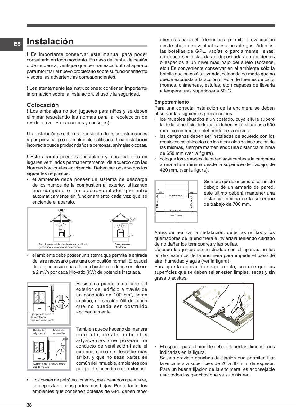Instalación, Colocación | Indesit PIM-750-AS-(IX) User Manual | Page 38 / 76