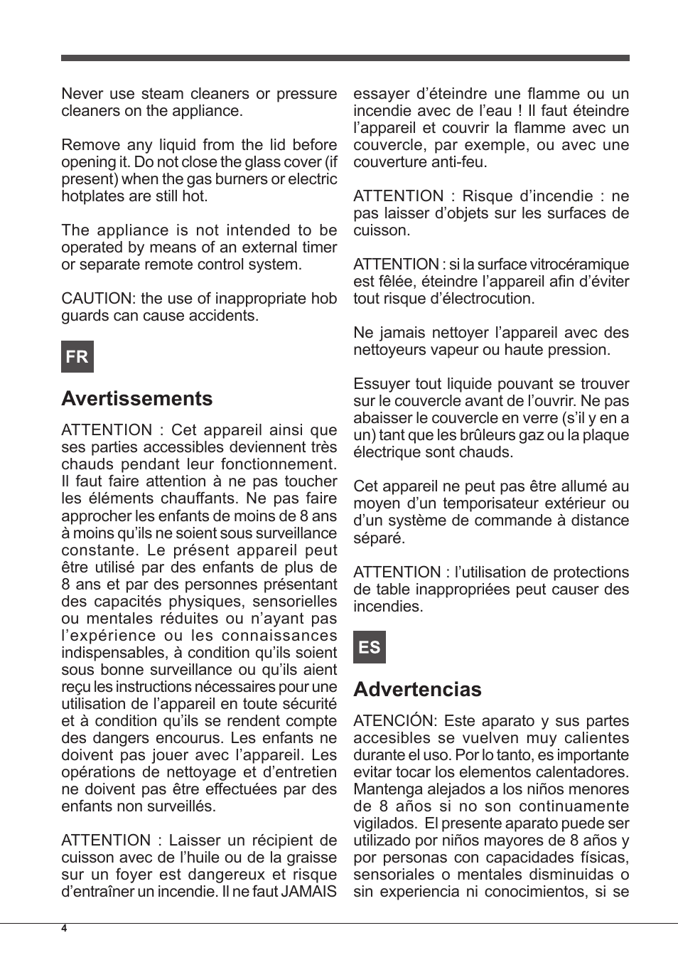 Avertissements, Advertencias | Indesit PIM-750-AS-(IX) User Manual | Page 4 / 76