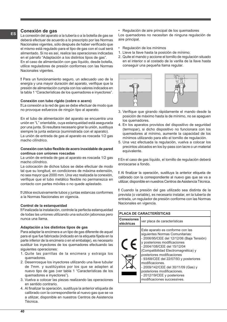 Conexión de gas | Indesit PIM-750-AS-(IX) User Manual | Page 40 / 76
