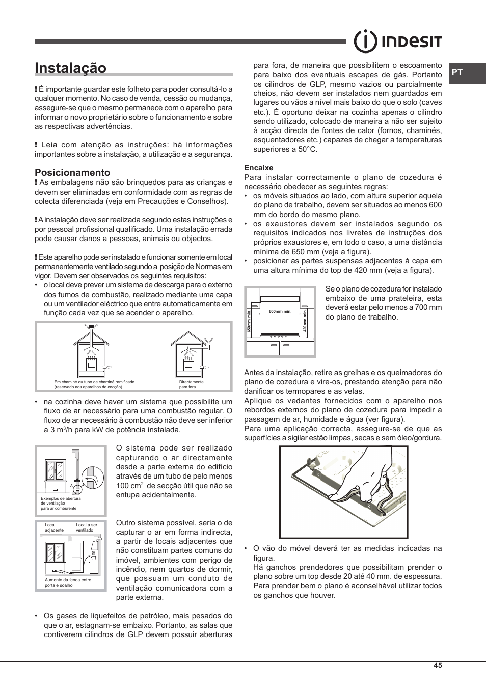 Instalação, Posicionamento | Indesit PIM-750-AS-(IX) User Manual | Page 45 / 76