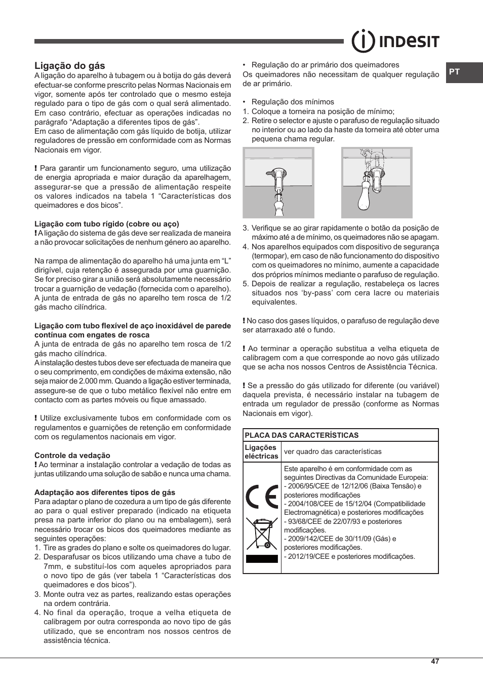 Ligação do gás | Indesit PIM-750-AS-(IX) User Manual | Page 47 / 76