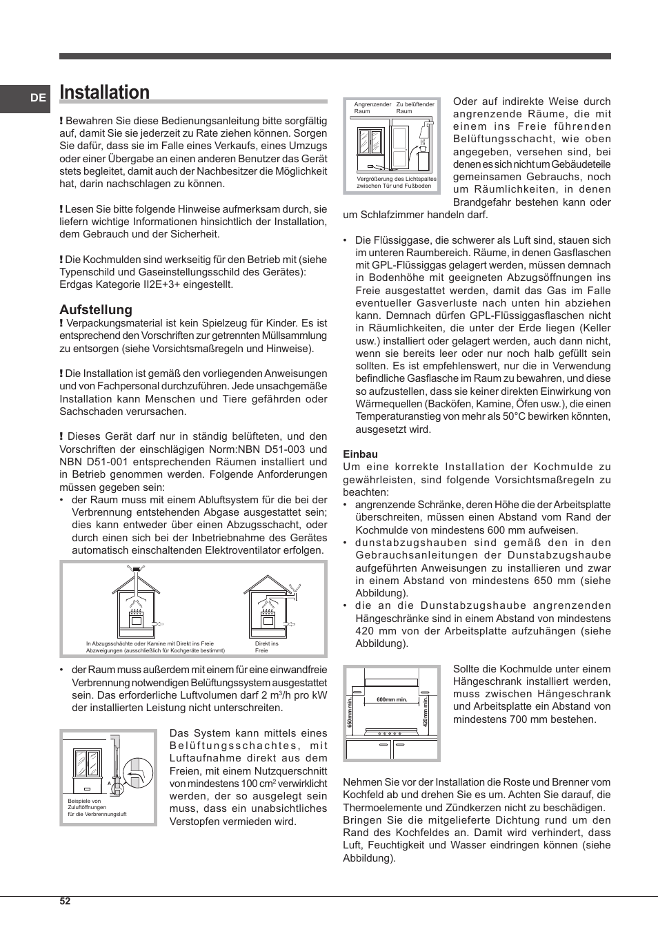Installation, Aufstellung | Indesit PIM-750-AS-(IX) User Manual | Page 52 / 76