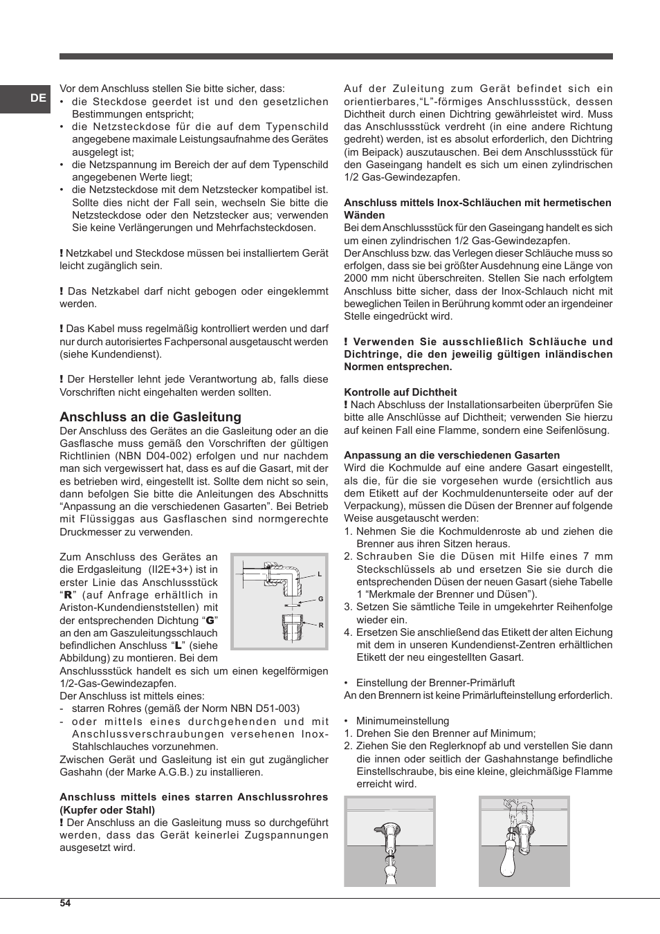 Anschluss an die gasleitung | Indesit PIM-750-AS-(IX) User Manual | Page 54 / 76
