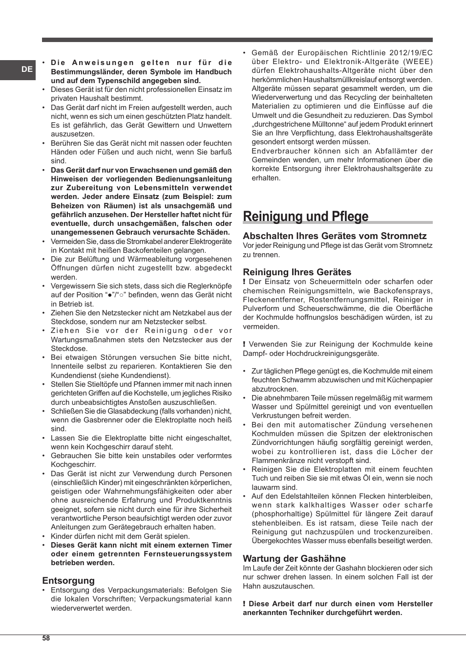 Reinigung und pflege, Entsorgung, Abschalten ihres gerätes vom stromnetz | Reinigung ihres gerätes, Wartung der gashähne | Indesit PIM-750-AS-(IX) User Manual | Page 58 / 76