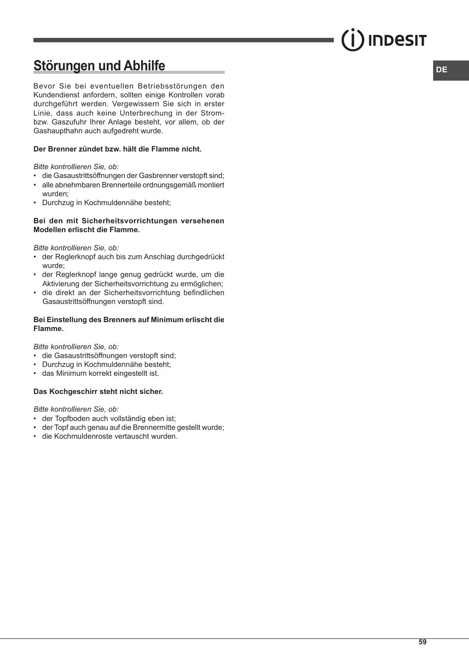 Störungen und abhilfe | Indesit PIM-750-AS-(IX) User Manual | Page 59 / 76