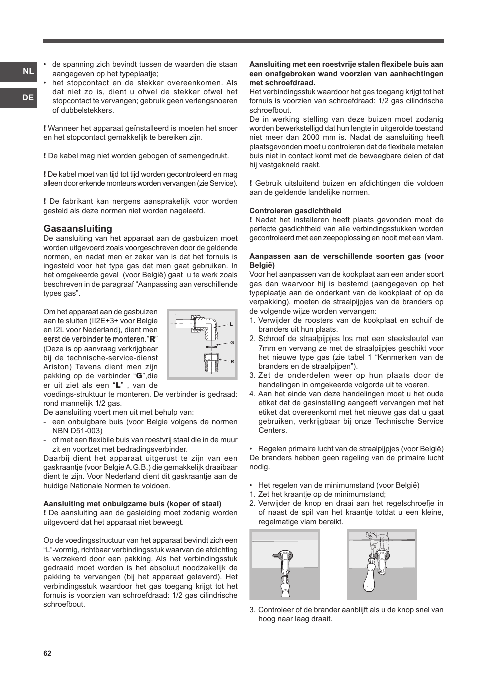 Gasaansluiting | Indesit PIM-750-AS-(IX) User Manual | Page 62 / 76