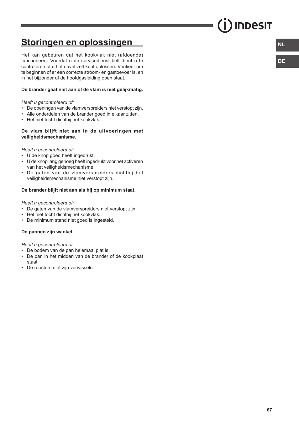 Storingen en oplossingen | Indesit PIM-750-AS-(IX) User Manual | Page 67 / 76
