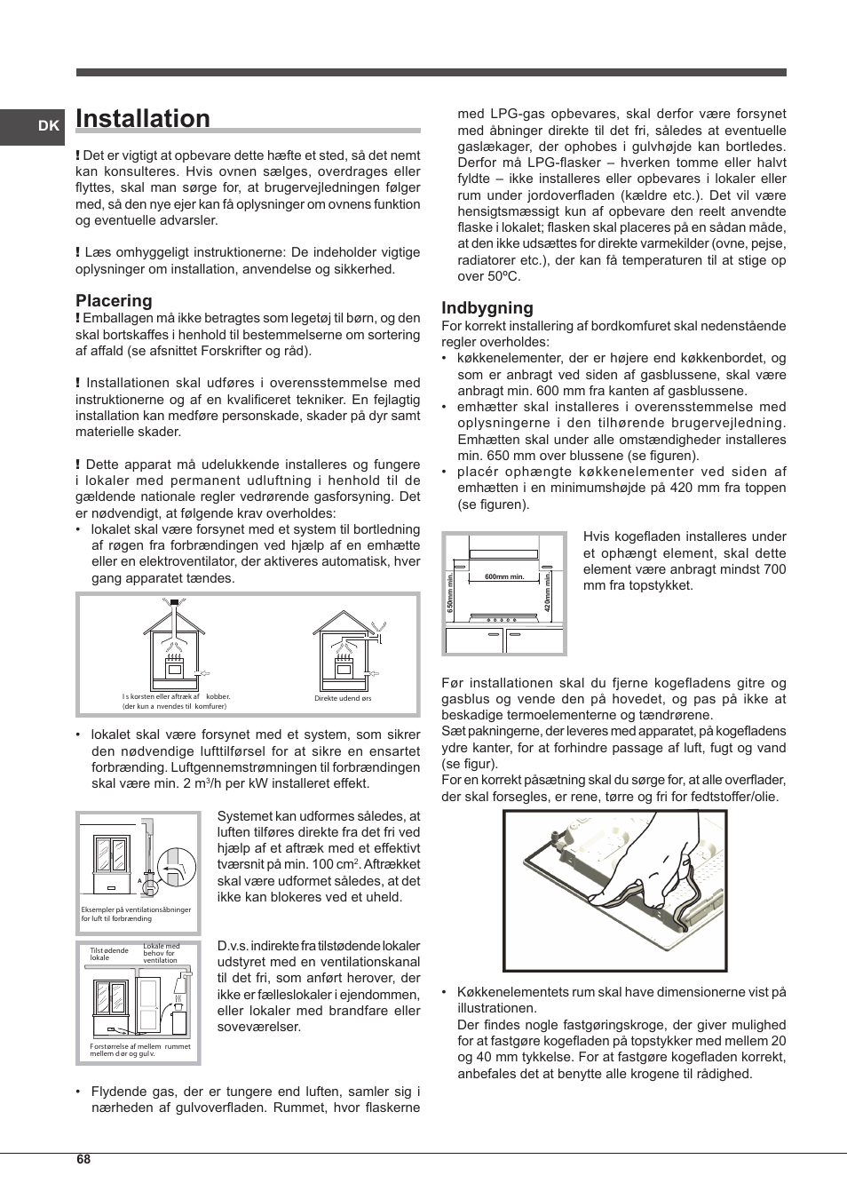Installation, Placering, Indbygning | Indesit PIM-750-AS-(IX) User Manual | Page 68 / 76