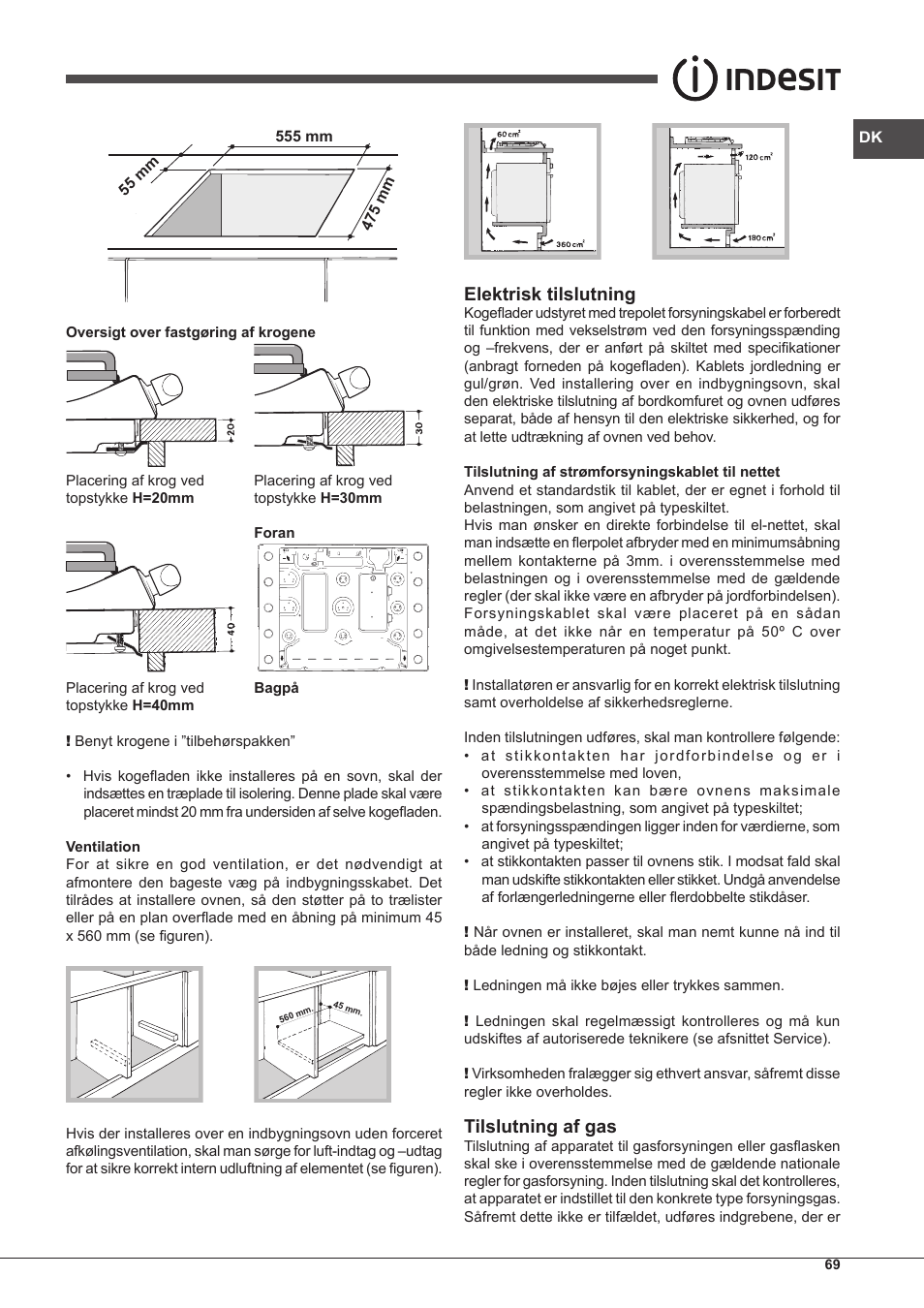 Elektrisk tilslutning, Tilslutning af gas | Indesit PIM-750-AS-(IX) User Manual | Page 69 / 76