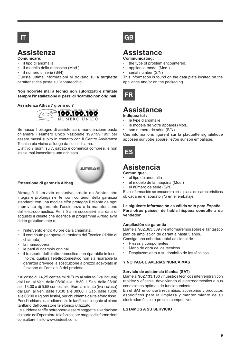 Assistenza, Assistance, Asistencia | Indesit PIM-750-AS-(IX) User Manual | Page 9 / 76