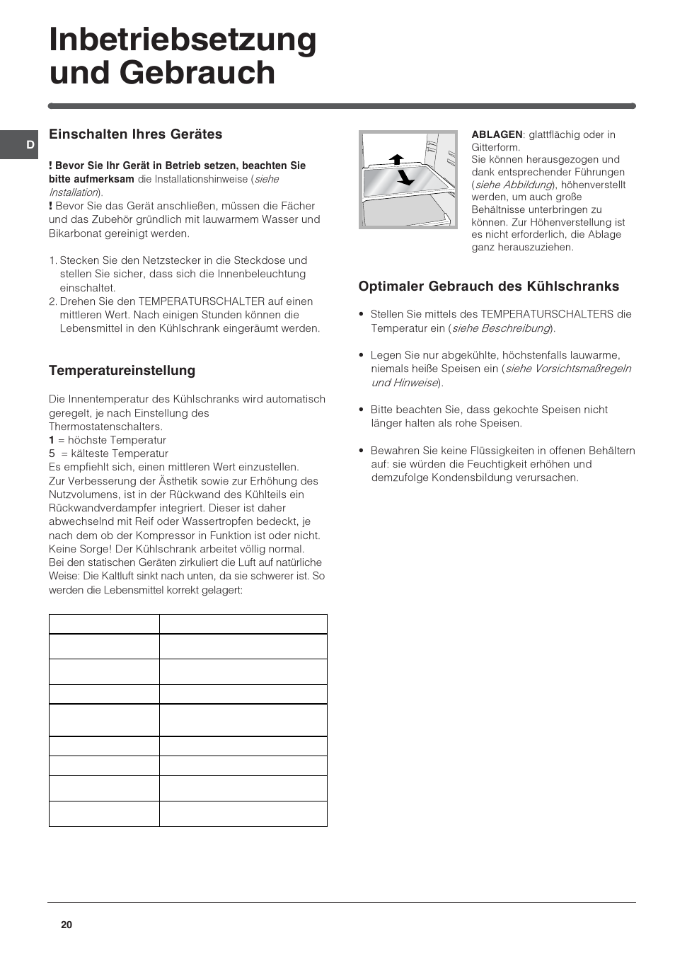 Inbetriebsetzung und gebrauch | Indesit IN-TS-1612 User Manual | Page 20 / 40