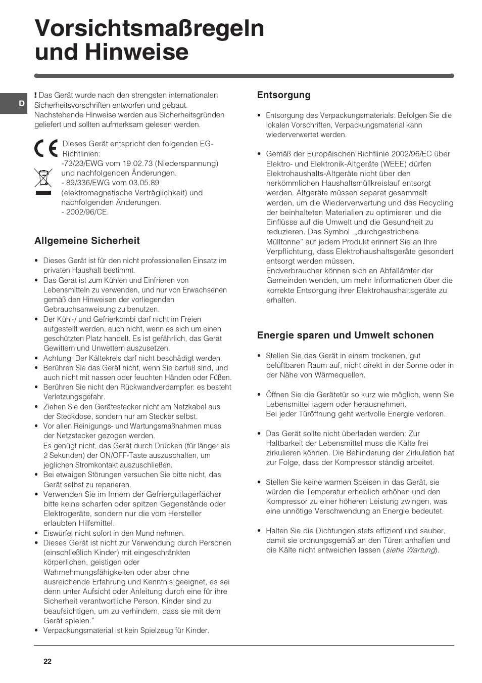 Vorsichtsmaßregeln und hinweise | Indesit IN-TS-1612 User Manual | Page 22 / 40