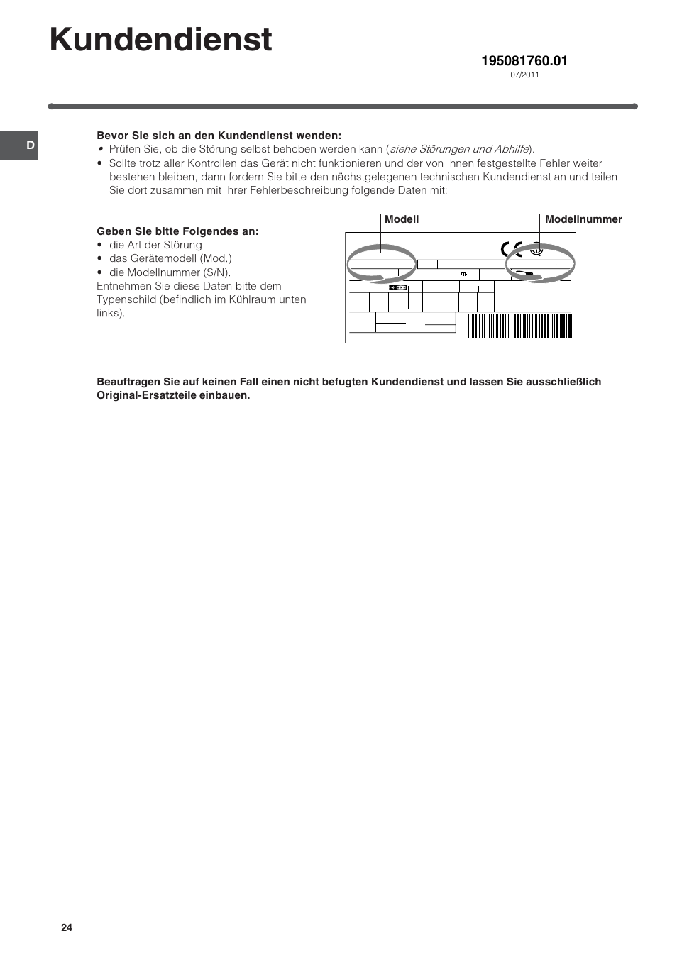 Kundendienst, Modell modellnummer | Indesit IN-TS-1612 User Manual | Page 24 / 40