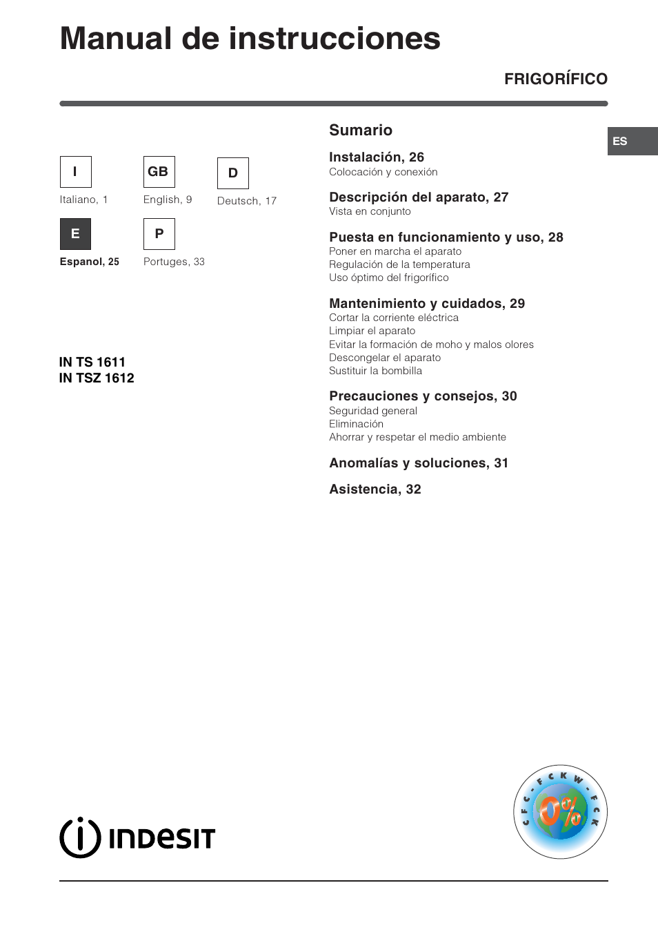 Manual de instrucciones, Frigorífico sumario | Indesit IN-TS-1612 User Manual | Page 25 / 40