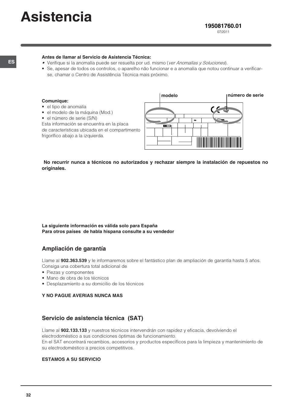 Asistencia, Ampliación de garantía, Servicio de asistencia técnica (sat) | Indesit IN-TS-1612 User Manual | Page 32 / 40
