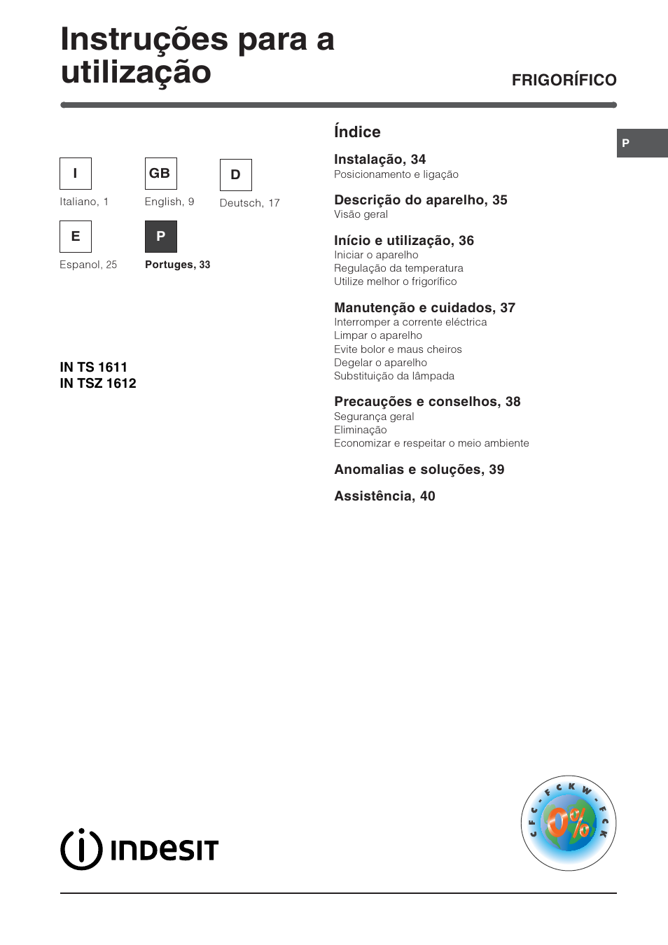Instruções para a utilização, Frigorífico índice | Indesit IN-TS-1612 User Manual | Page 33 / 40