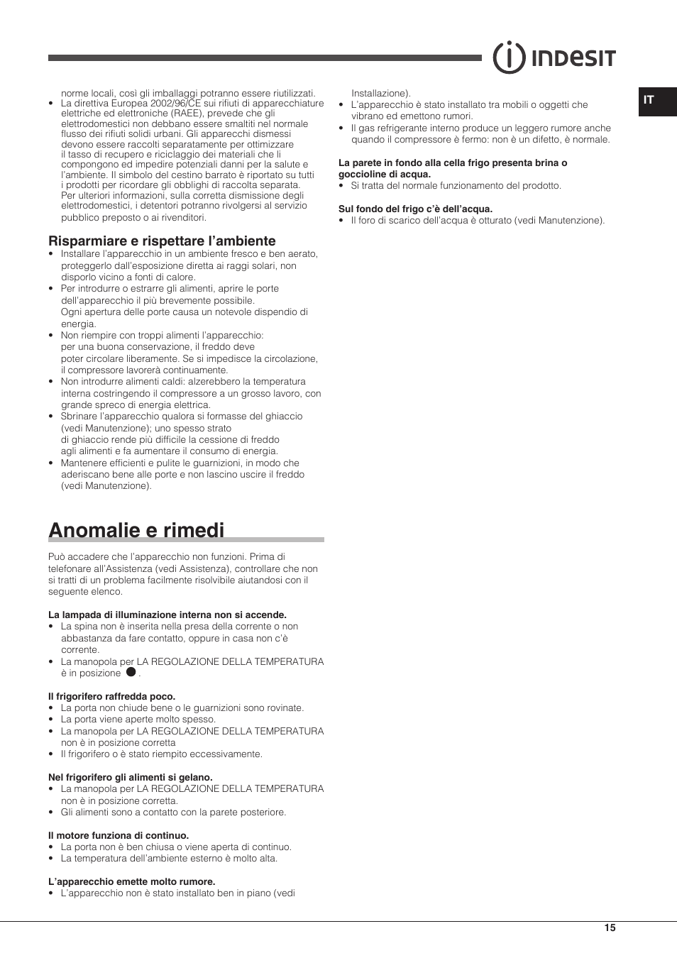 Anomalie e rimedi, Risparmiare e rispettare l’ambiente | Indesit TAAN-6-FNF-S User Manual | Page 15 / 48
