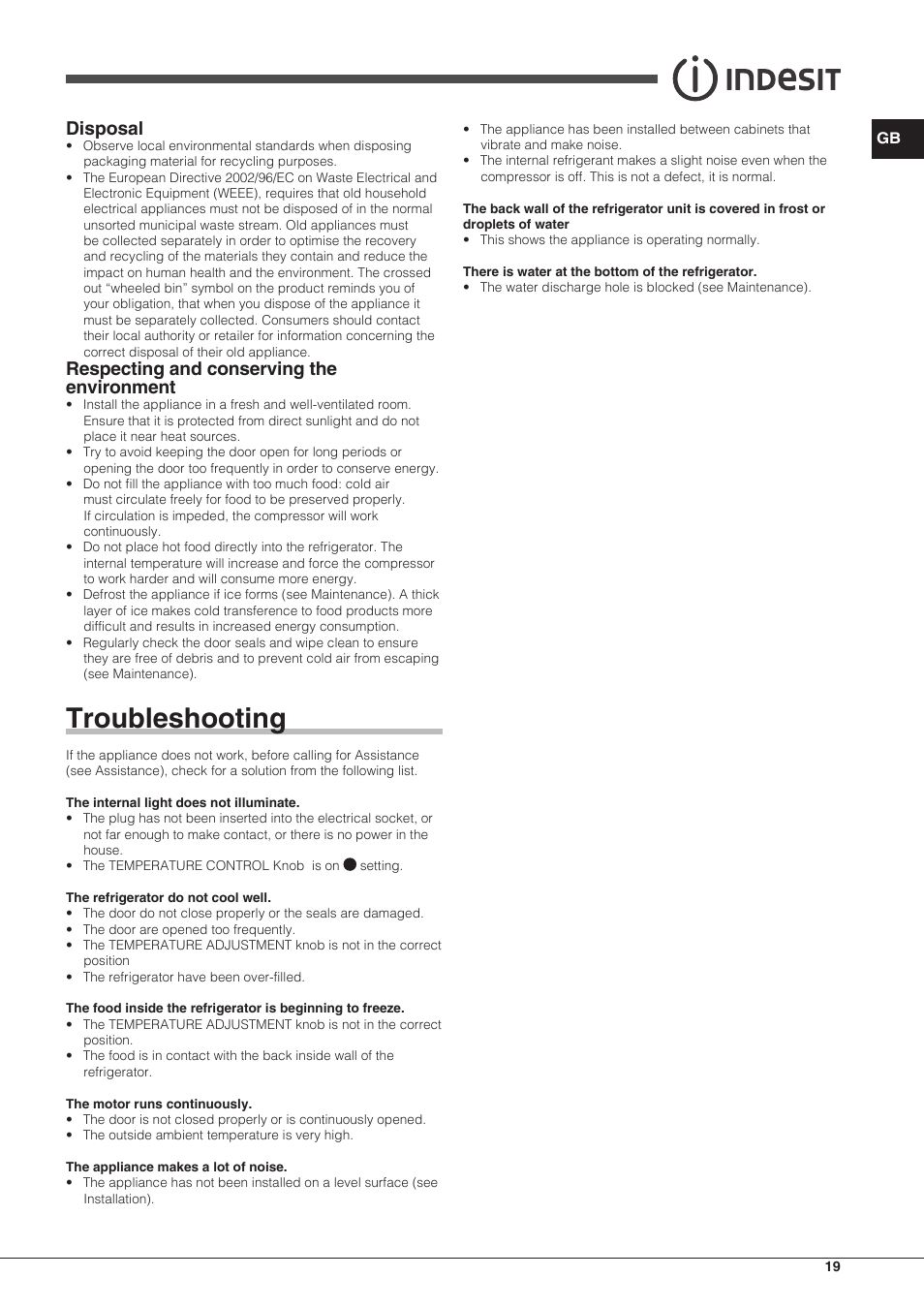 Troubleshooting, Disposal, Respecting and conserving the environment | Indesit TAAN-6-FNF-S User Manual | Page 19 / 48