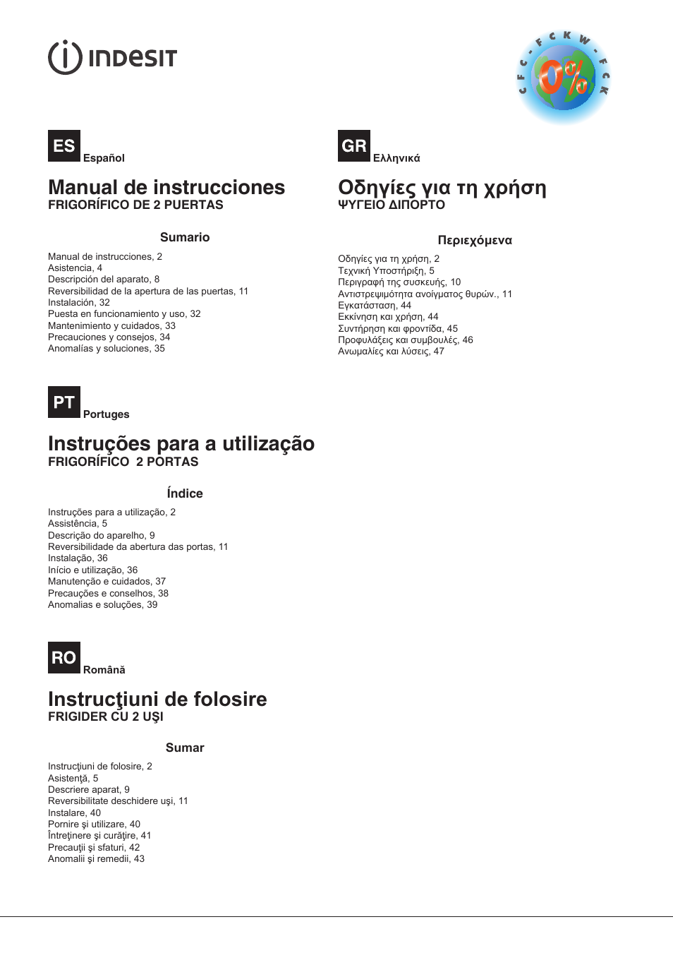 Instrucţiuni de folosire, Manual de instrucciones, Instruções para a utilização | Οδηγίες για τη χρήση | Indesit TAAN-6-FNF-S User Manual | Page 2 / 48