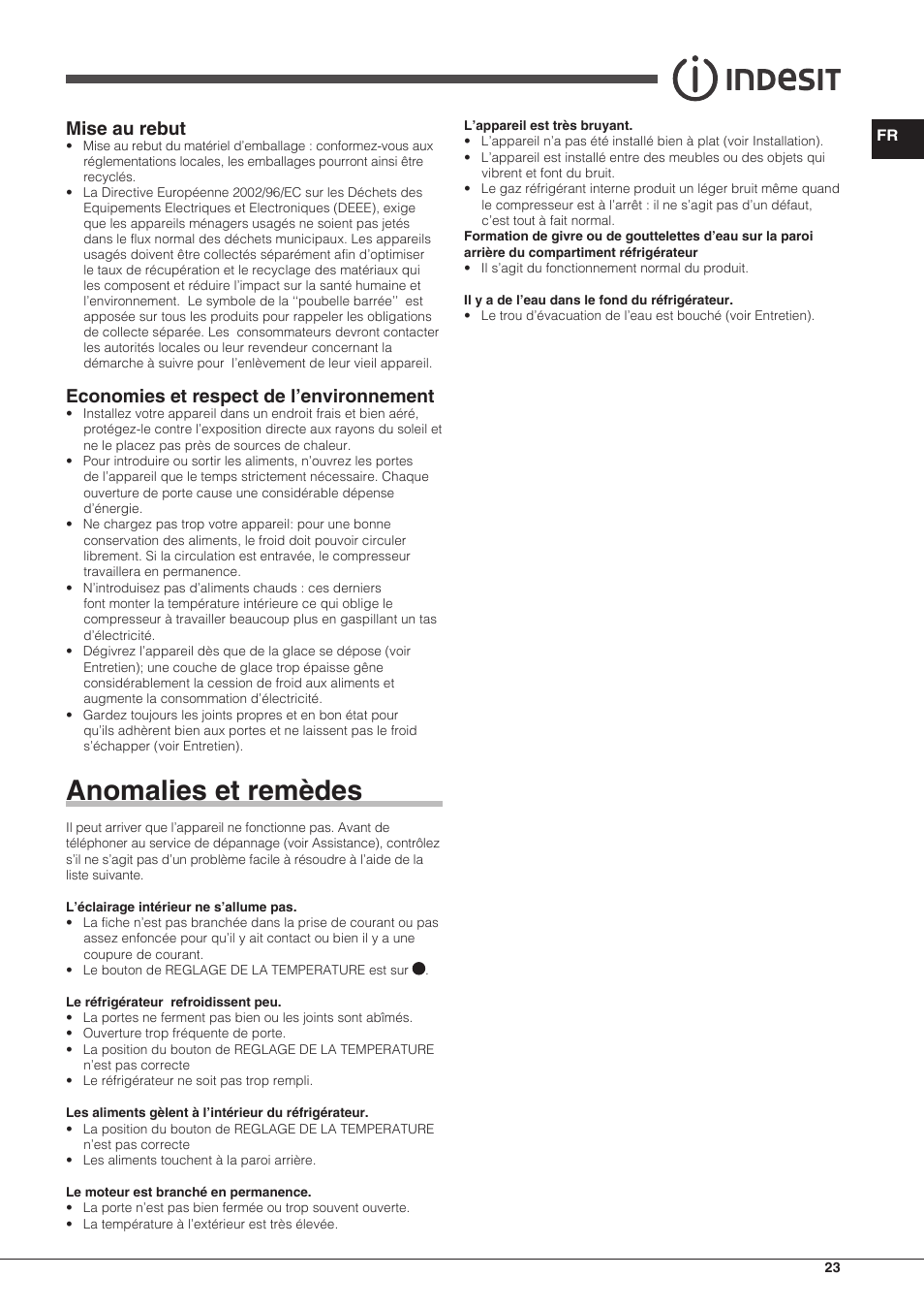Anomalies et remèdes, Mise au rebut, Economies et respect de l’environnement | Indesit TAAN-6-FNF-S User Manual | Page 23 / 48